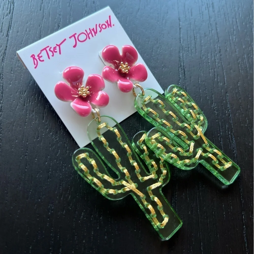 NWT Betsey Johnson Acetate Cactus with Flower Drop Earrings - Green & Pink